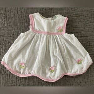 Vintage Little Bitty White Eyelet Dress Pink Trim Floral Embroidery 18 Months